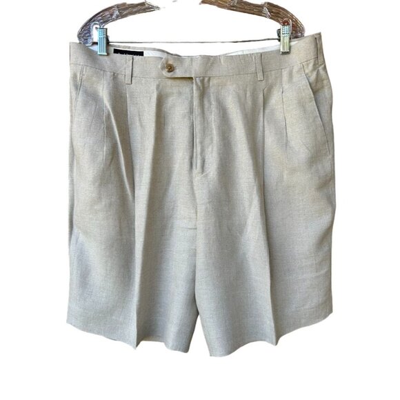 Paul Fredrick Mens Linen Shorts 38 Beige Pleated Front Button Closure Inseam 9.5 - Picture 3 of 7